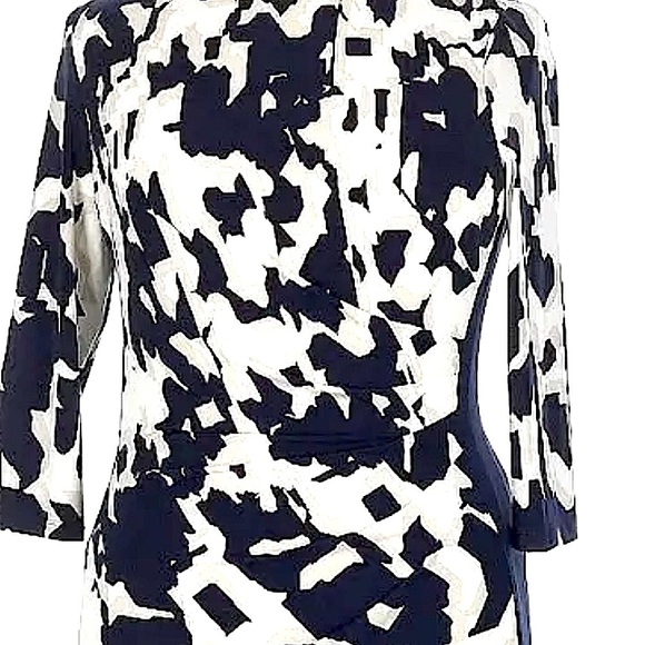 Ralph Lauren Navy & Cream (Size 16) Bateau Sheath Patterned Ruched Office Dress - Picture 16 of 16